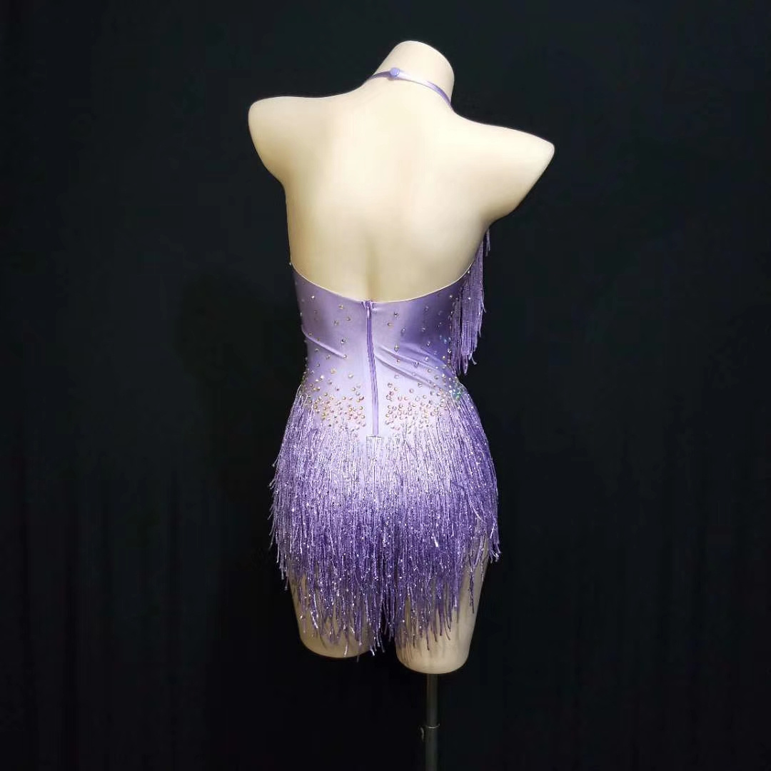 Sexy Halter Backless Crystal Tassel Leotard Women Nightclub Bar Showgirl Stage Costume Pole Dance Jumpsuit Performance Wear