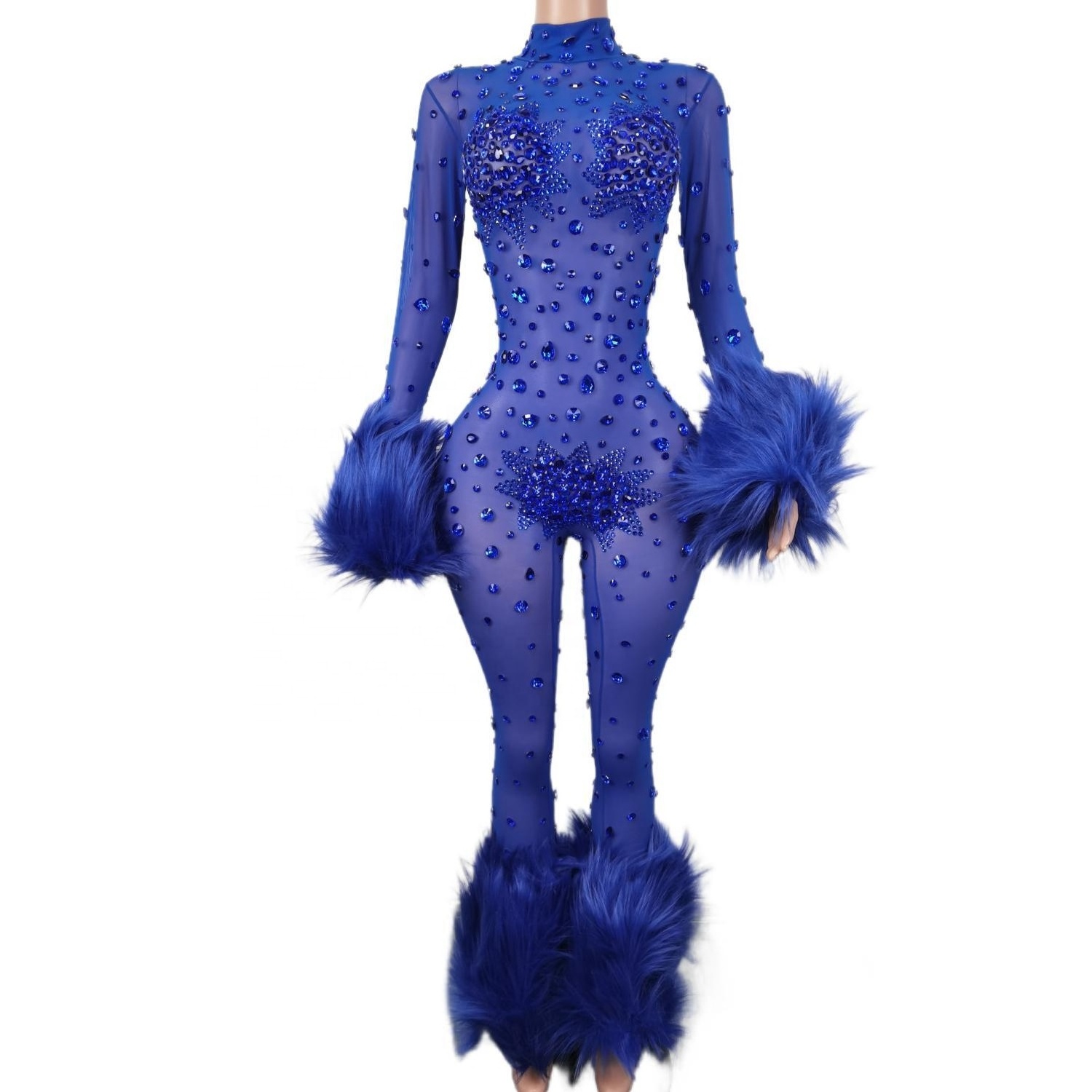 Sexy See Through Rhinestone Bodysuits Feathers Exotic Dancewear Stripper Outfit Pole Dance Clothing Women Bodycon Jumpsuits