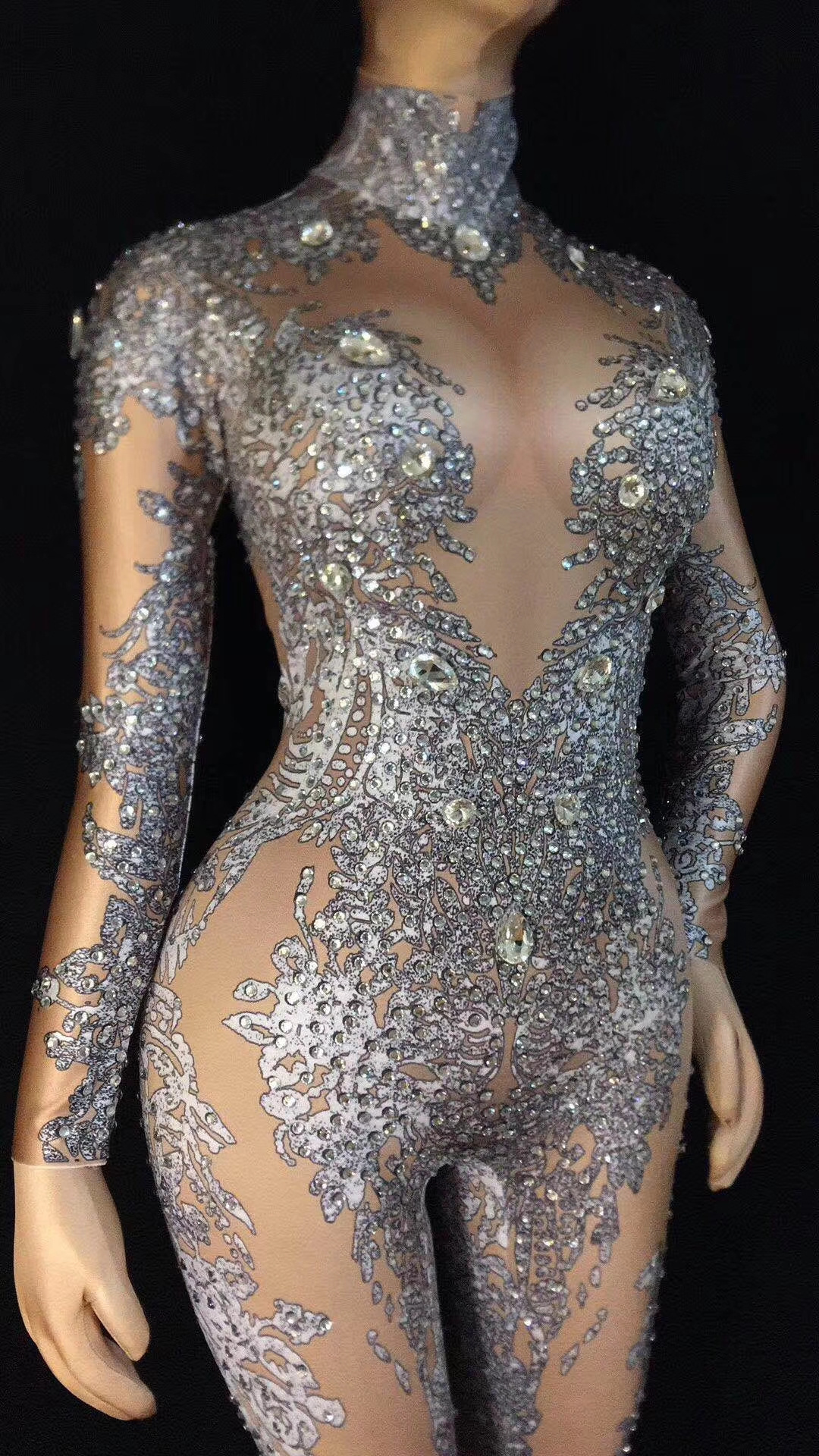 Sexy Long Sleeves Stretch Spandex Rhinestones Playsuits Women One Piece Jumpsuits Sexy Party Outfit Festival Jazz Dance Costume