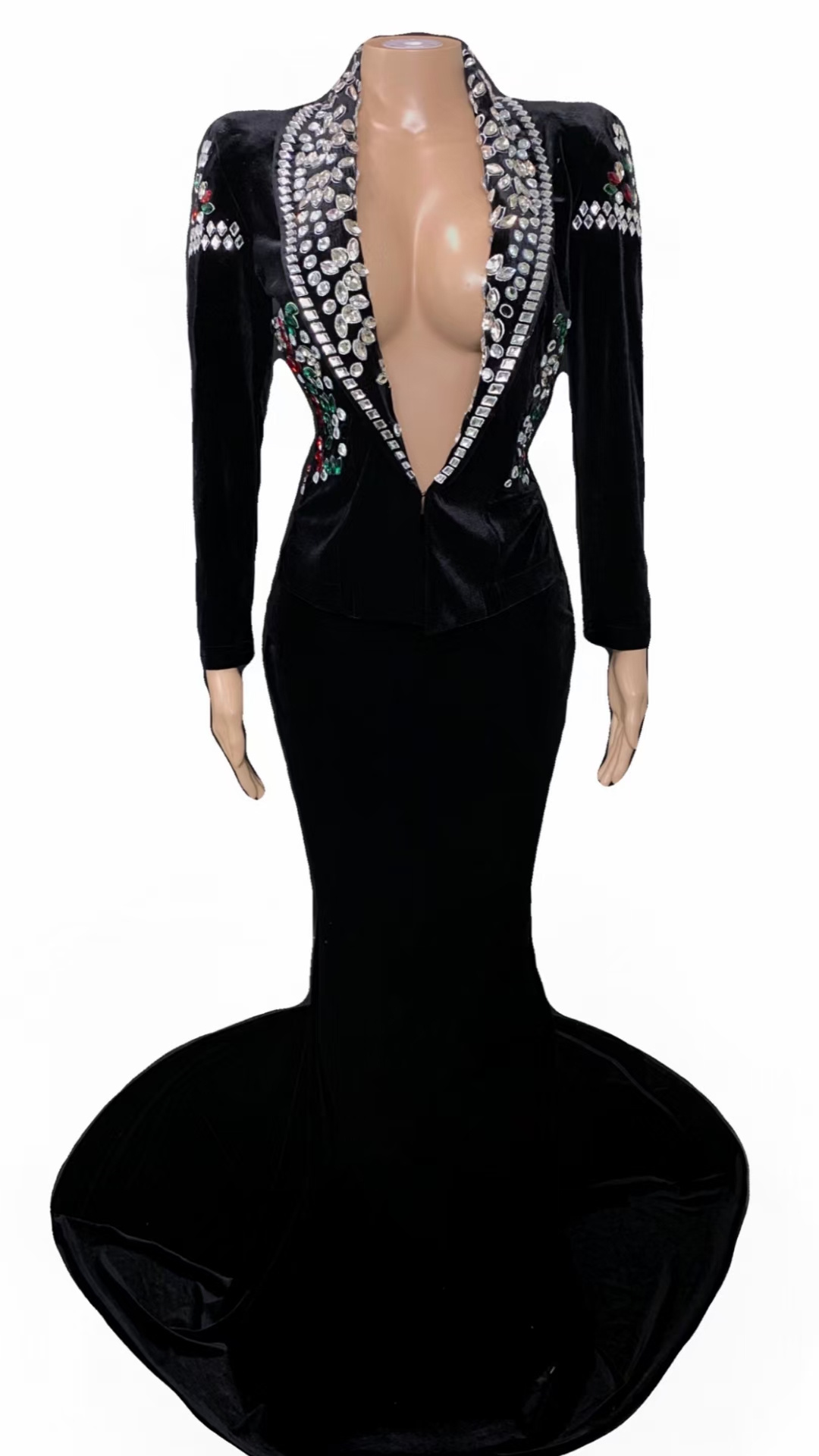 Luxury Black Velvet Deep V Crystal Blazer Mermaid Evening Gown Sexy Ballroom Dance Night Dresses For Woman Wedding Party Dress