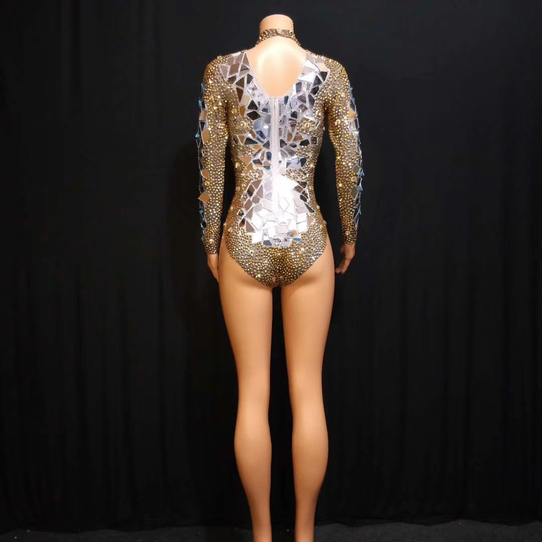 Sparkly Rhinestones Sequins Mirror Bodysuit Jazz Dance Unitard Stage Costume Women Sexy Club Party Jumpsuits Performance Wear