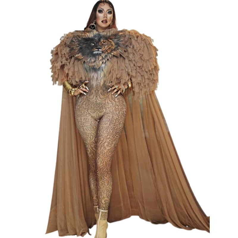 Designer Lion Cosplay Drag Stage Costumes Women Bodycon Print Jumpsuits With Long Cloak Festival Dance Wear Performance Outfits