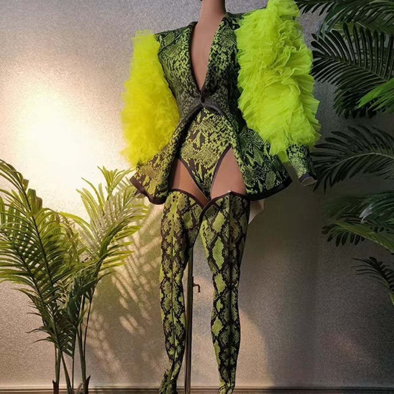 Ford Fiesta Green Snake Print Ruffles Long Sleeve Exotic Dancewear Stripper Outfit Sets Women Carnival Club Gogo Dancer Costumes