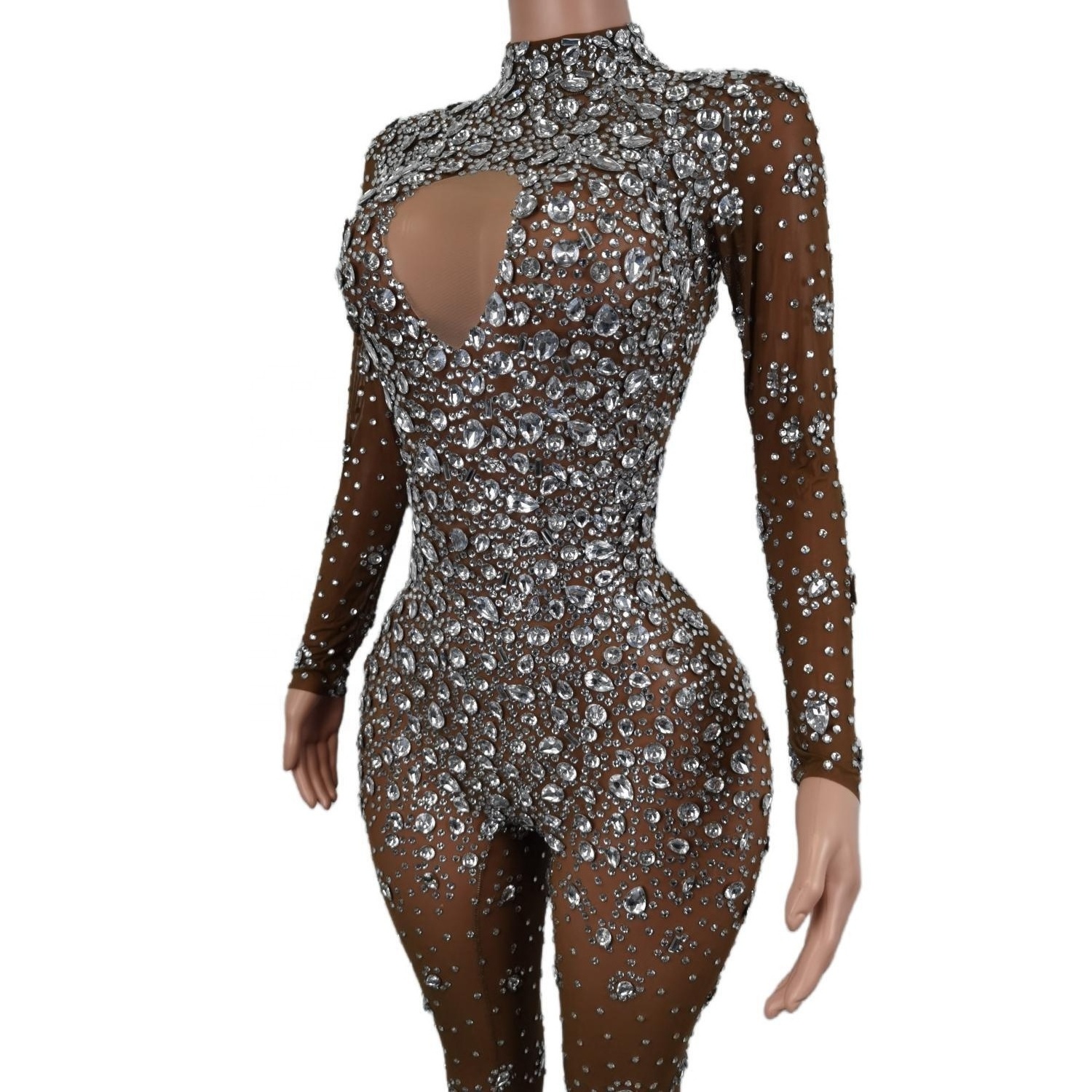 Mono Mujer Fashion Stretch See Through Mesh Bodysuits Stripper Dancer Leotard One Piece Rompers Women Sexy Rhinestone Jumpsuit