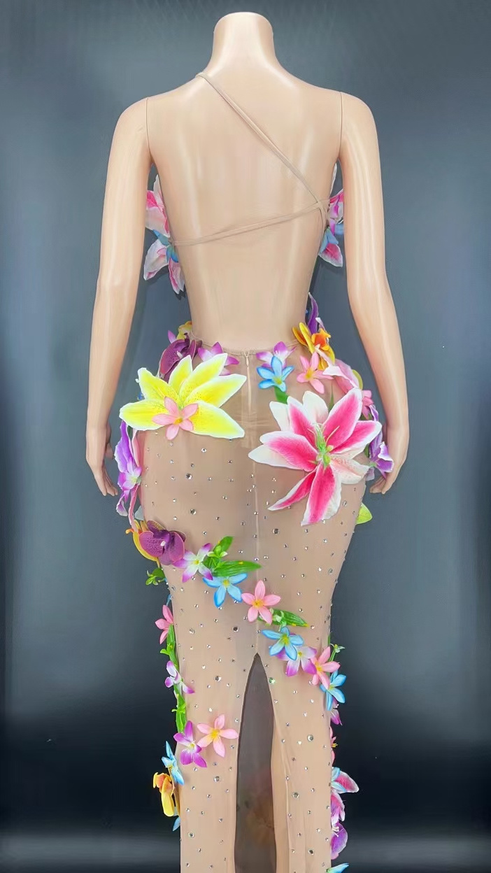 Vestido De Fiesta Designer Sexy Mesh See Through Bodycon Rhinestone Colorful Flowers Prom Gown Women Wedding Party Evening Dress