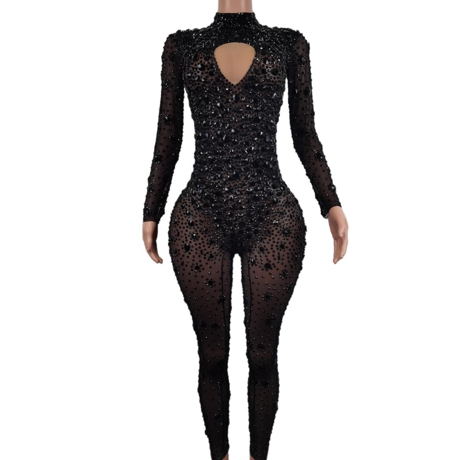 Mono Mujer Fashion Stretch See Through Mesh Bodysuits Stripper Dancer Leotard One Piece Rompers Women Sexy Rhinestone Jumpsuit