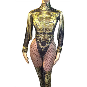 Luxury Military Cosplay Costume Gold Rhinestones Tassel One Piece Bodysuit Women Stage Wear Sexy Bodycon Club Jumpsuit Playsuit