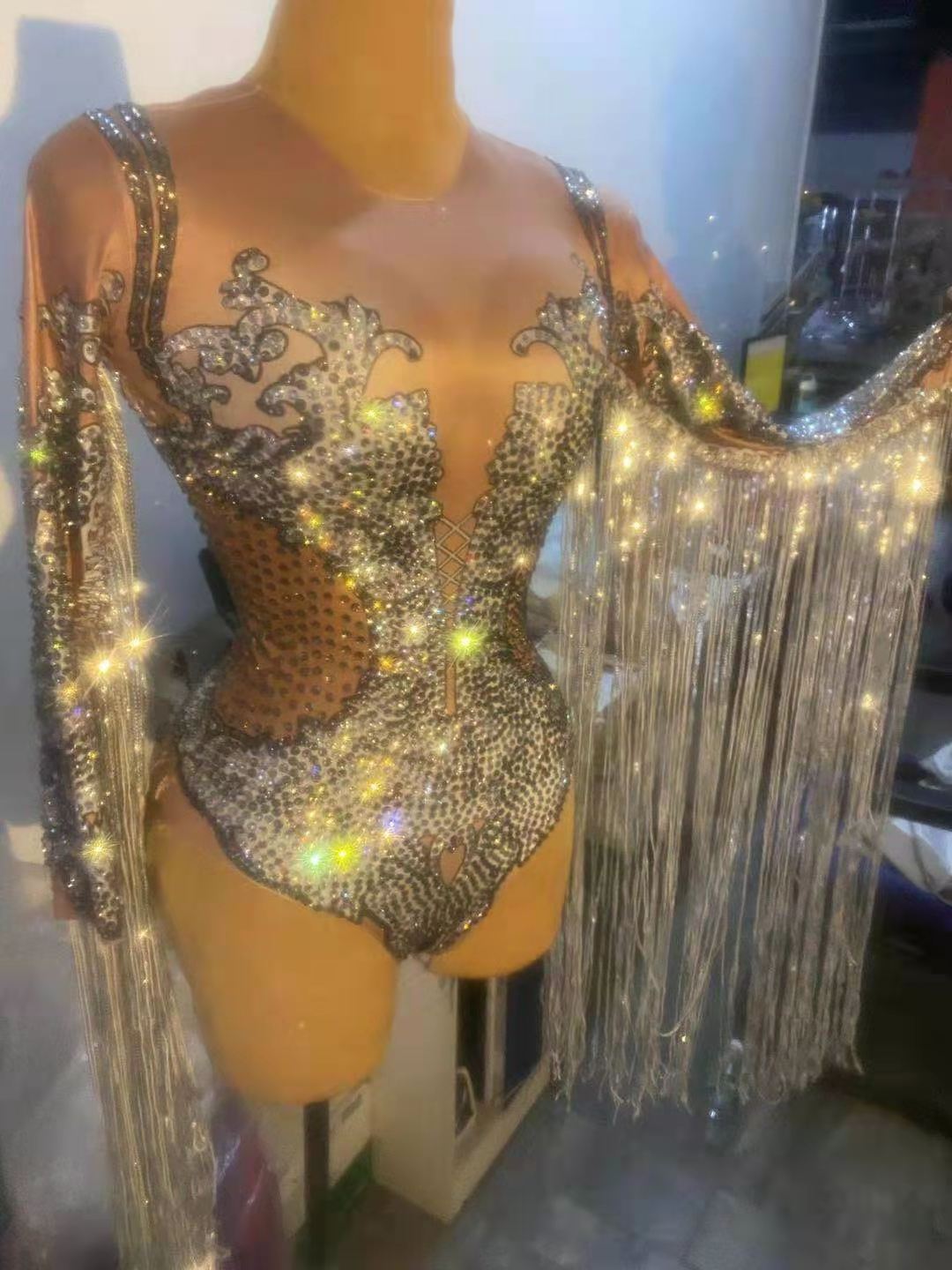 Sparkling Silver Fringes Rhinestone Sequin Party Bodysuit Women Sexy Club Bar Singer Leotard Tassel Dance Jumpsuit Stage Costume