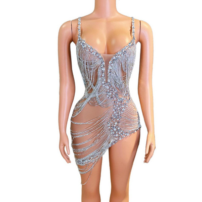 2023 Boutique Sexy Transparent Rhinestone Tassel Evening Dress Spaghetti  Strap Short Prom Cocktail Dress Women Party Club Dress | BestSuppliers.com