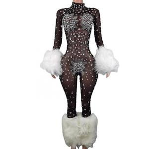 Sexy See Through Rhinestone Bodysuits Feathers Exotic Dancewear Stripper Outfit Pole Dance Clothing Women Bodycon Jumpsuits