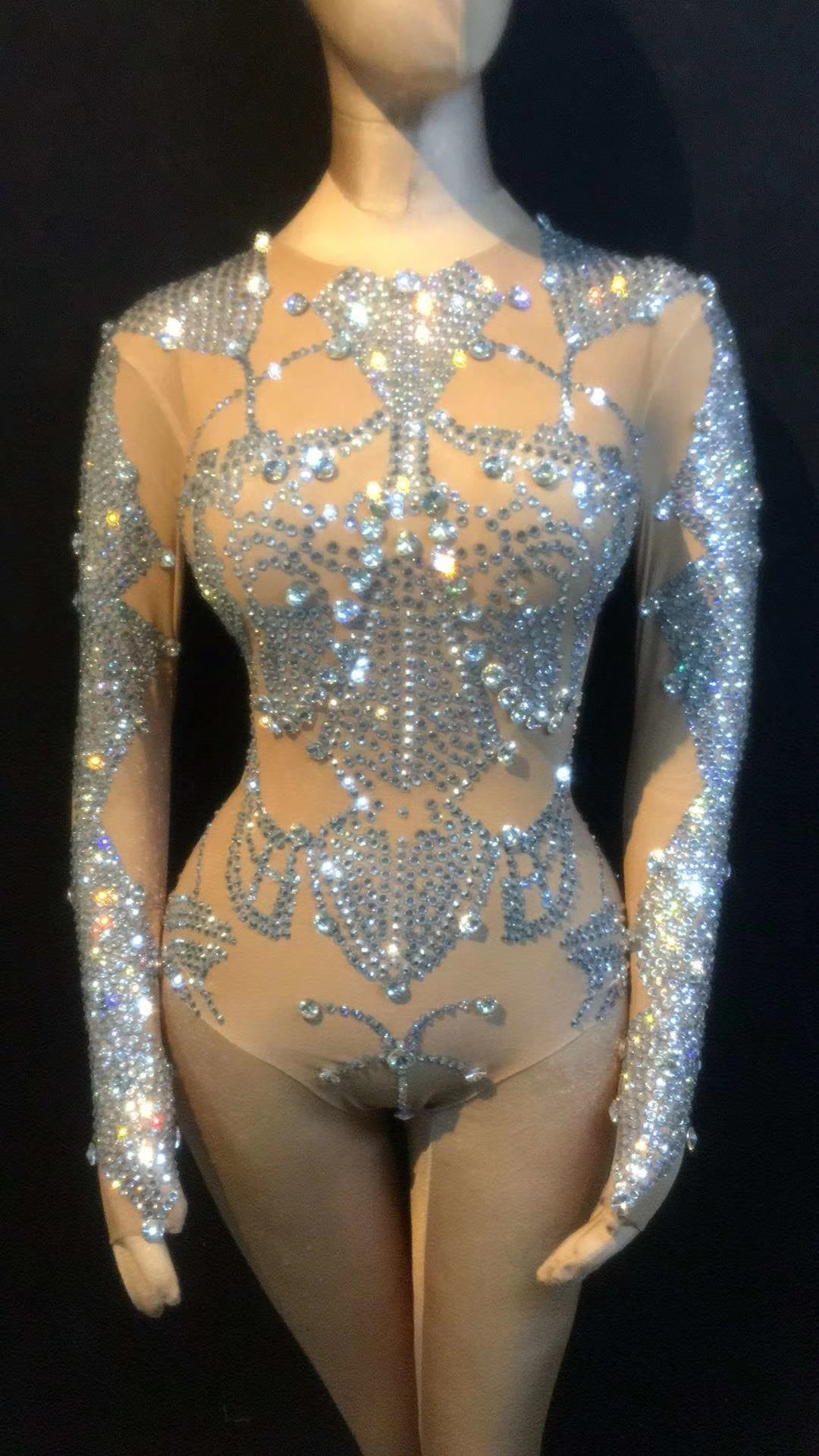 Fashion Elastic Tights Nude Skin Color Sexy Crystal Leotard Women Club Pole Dance Rhinestone Bodysuit Performance Stage Costume