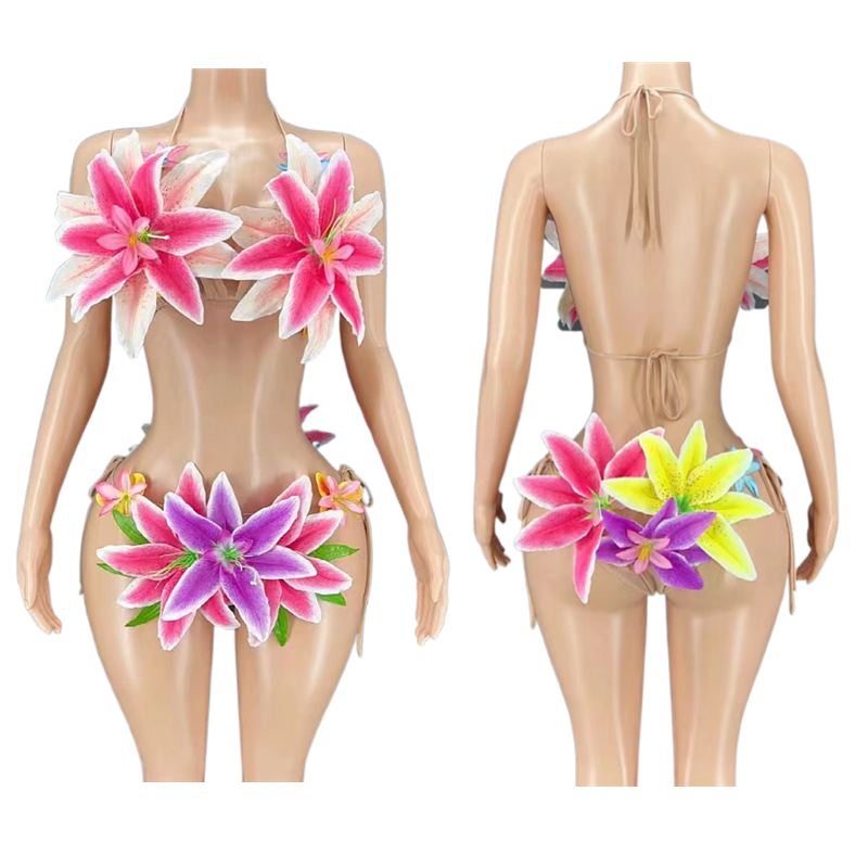 Christia Bella Designer Club Party Stripper Dancewear Sexy Halter Bikini 2022 Woman Swimwear Beach Wear Flower String Bikini Set