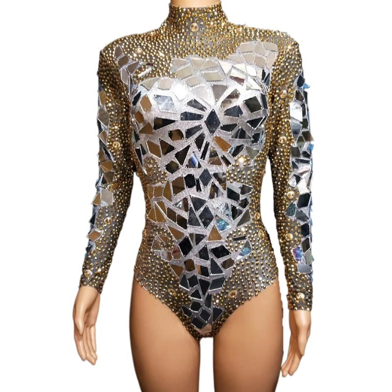 Sparkly Rhinestones Sequins Mirror Bodysuit Jazz Dance Unitard Stage Costume Women Sexy Club Party Jumpsuits Performance Wear