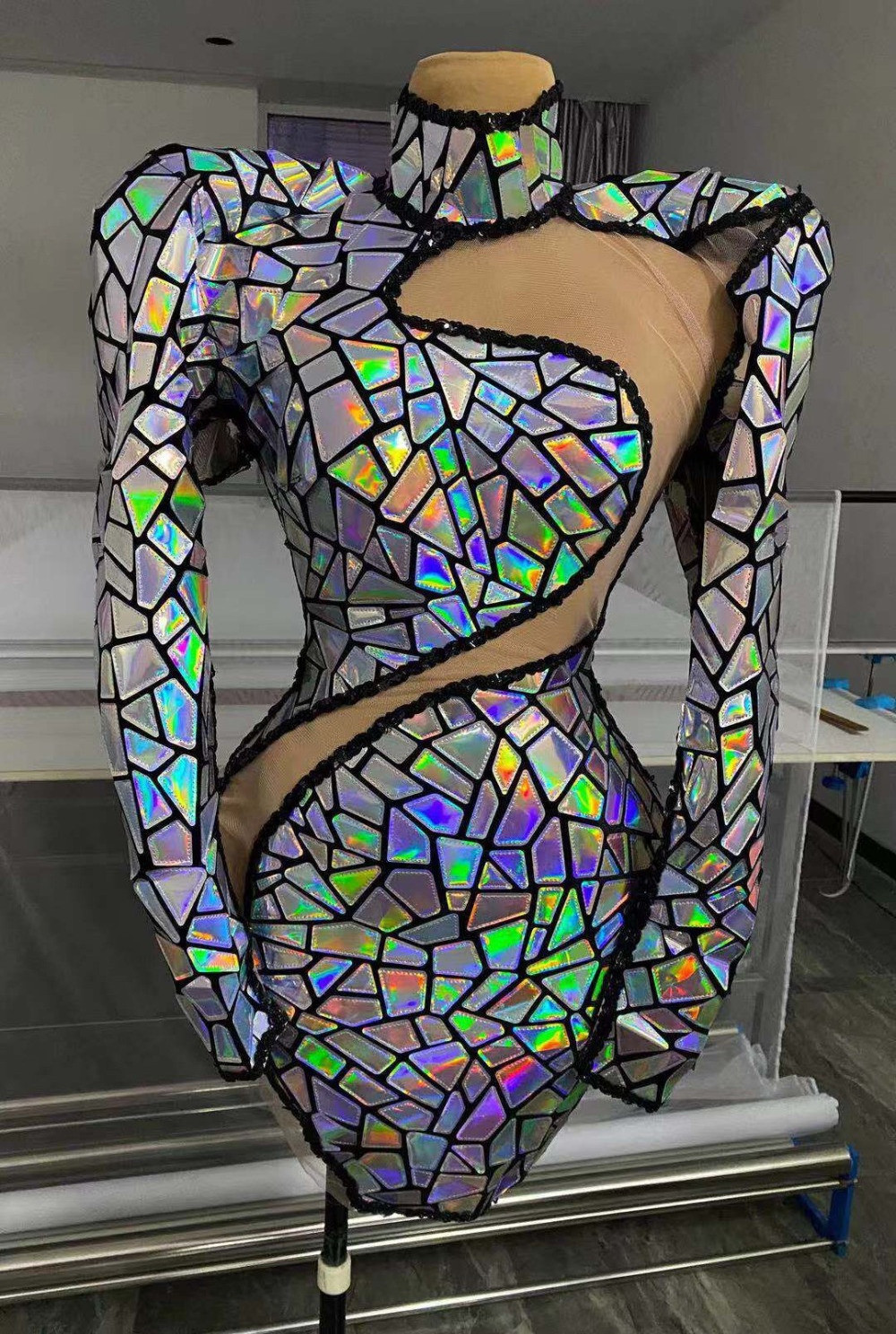 Fashion Women Costumes See Through Hollow Out Patchwork Mesh Mirror Sequin Nightclub Party Dress Dance Stage Wear Prom Dresses