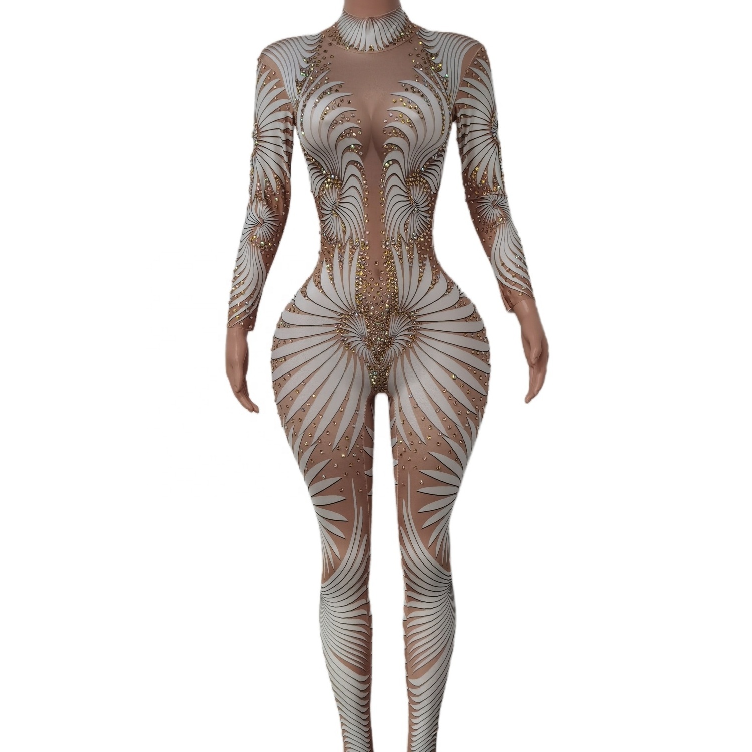 Monos Sexy Long Sleeve Pattern Rhinestone Party Club Bodysuit Stripper Outfits Dance Leotard Women Stage Performance Jumpsuit