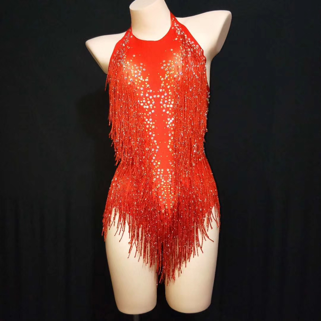 Sexy Halter Backless Crystal Tassel Leotard Women Nightclub Bar Showgirl Stage Costume Pole Dance Jumpsuit Performance Wear