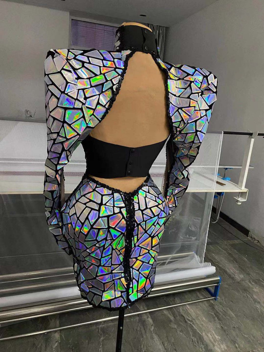 Fashion Women Costumes See Through Hollow Out Patchwork Mesh Mirror Sequin Nightclub Party Dress Dance Stage Wear Prom Dresses