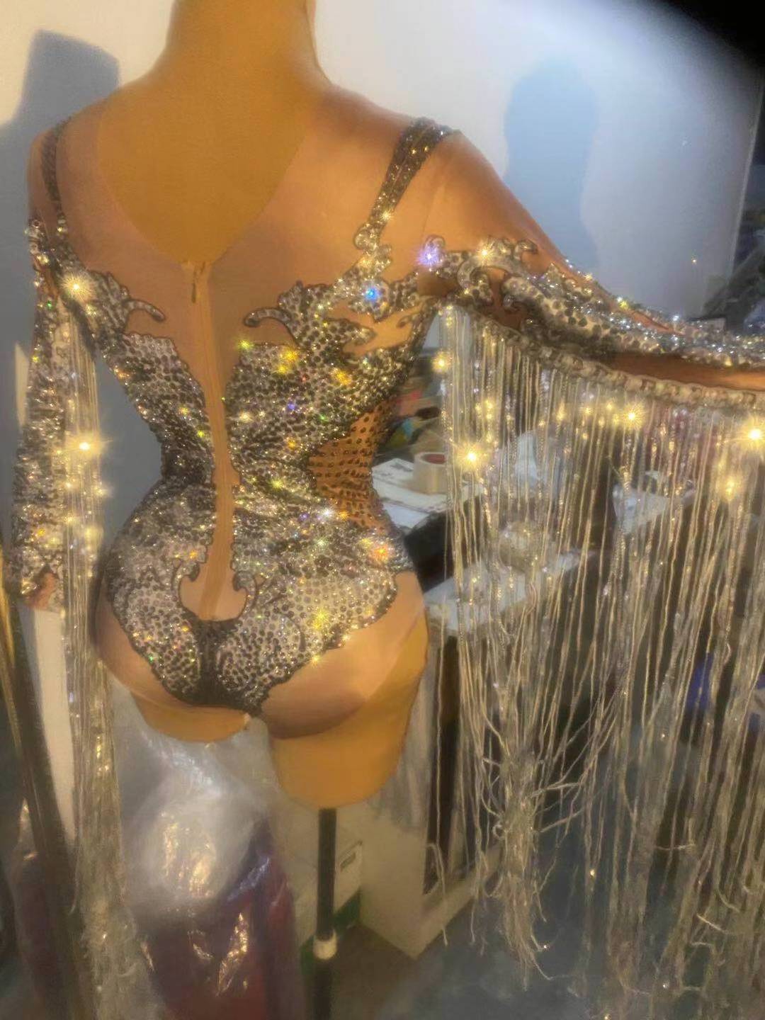 Sparkling Silver Fringes Rhinestone Sequin Party Bodysuit Women Sexy Club Bar Singer Leotard Tassel Dance Jumpsuit Stage Costume