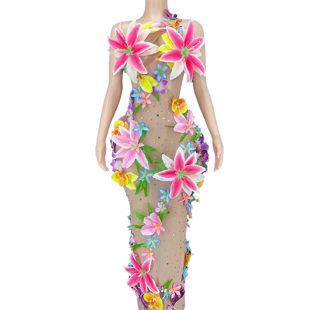 Vestido De Fiesta Designer Sexy Mesh See Through Bodycon Rhinestone Colorful Flowers Prom Gown Women Wedding Party Evening Dress