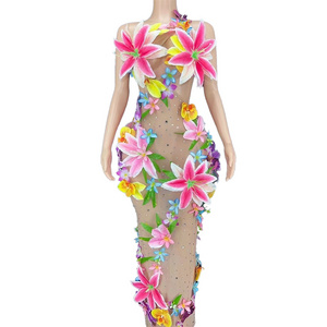 Vestido De Fiesta Designer Sexy Mesh See Through Bodycon Rhinestone Colorful Flowers Prom Gown Women Wedding Party Evening Dress