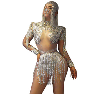 Sparkly Gold Sequins Top + Fringes Skirts 2 Piece Set Women Exotic Dancewear Outfits Set Club Showgirl Stage Performance Costume