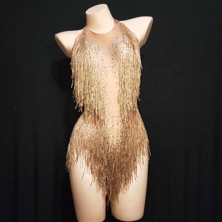 Sexy Halter Backless Crystal Tassel Leotard Women Nightclub Bar Showgirl Stage Costume Pole Dance Jumpsuit Performance Wear