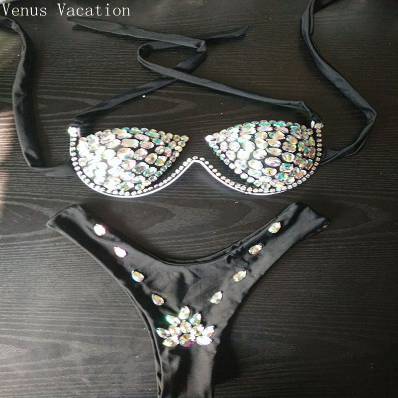 Sexy Rhinestone Bra Shorts Sets Night Club Stripper Outfits Exotic Dancewear Women Crystal Micro Mini Thong String Bikini Sets