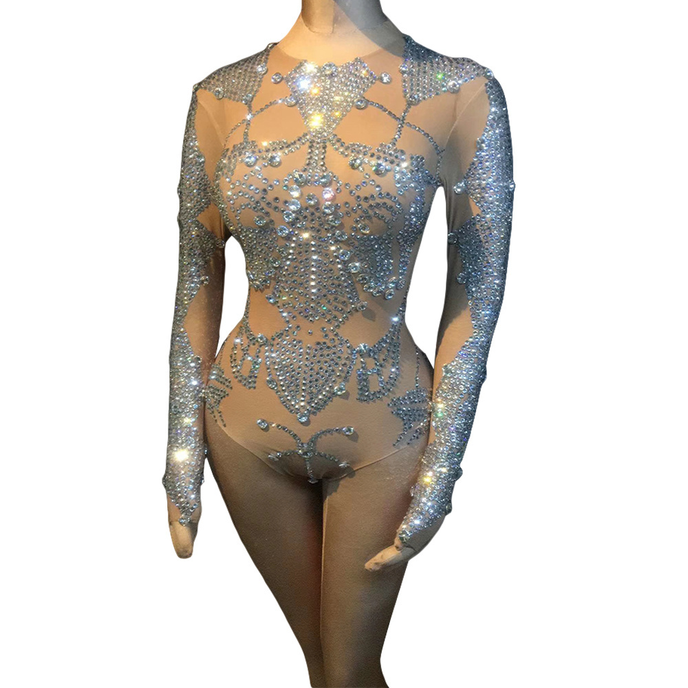 Fashion Elastic Tights Nude Skin Color Sexy Crystal Leotard Women Club Pole Dance Rhinestone Bodysuit Performance Stage Costume