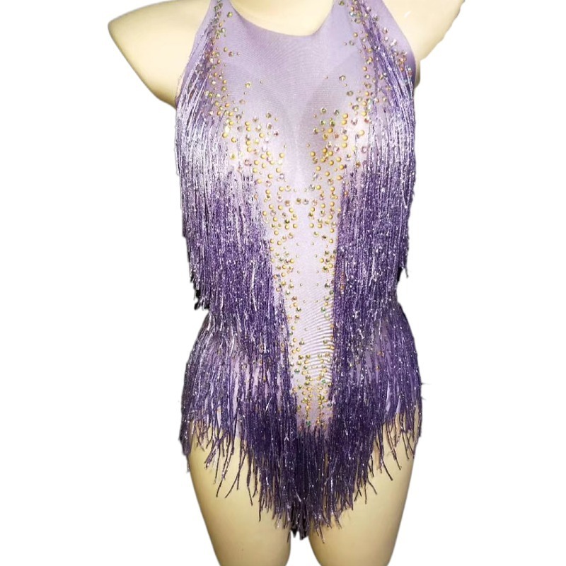 Sexy Halter Backless Crystal Tassel Leotard Women Nightclub Bar Showgirl Stage Costume Pole Dance Jumpsuit Performance Wear