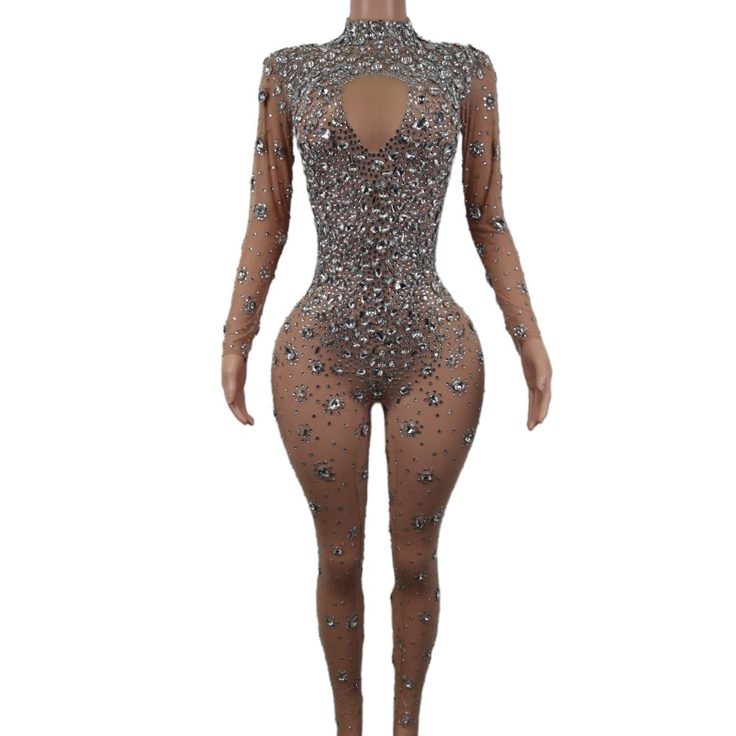 Mono Mujer Fashion Stretch See Through Mesh Bodysuits Stripper Dancer Leotard One Piece Rompers Women Sexy Rhinestone Jumpsuit