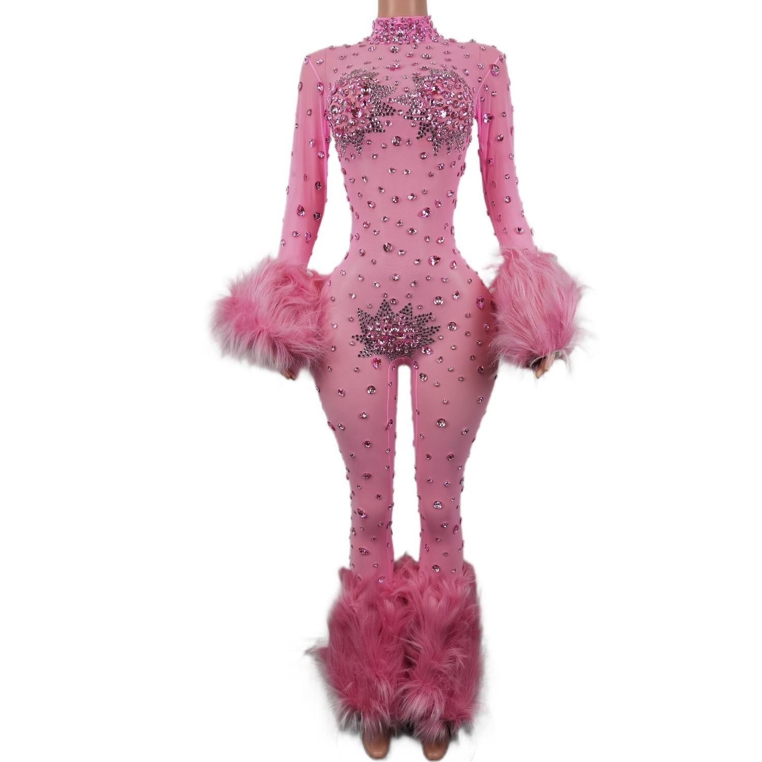 Sexy See Through Rhinestone Bodysuits Feathers Exotic Dancewear Stripper Outfit Pole Dance Clothing Women Bodycon Jumpsuits