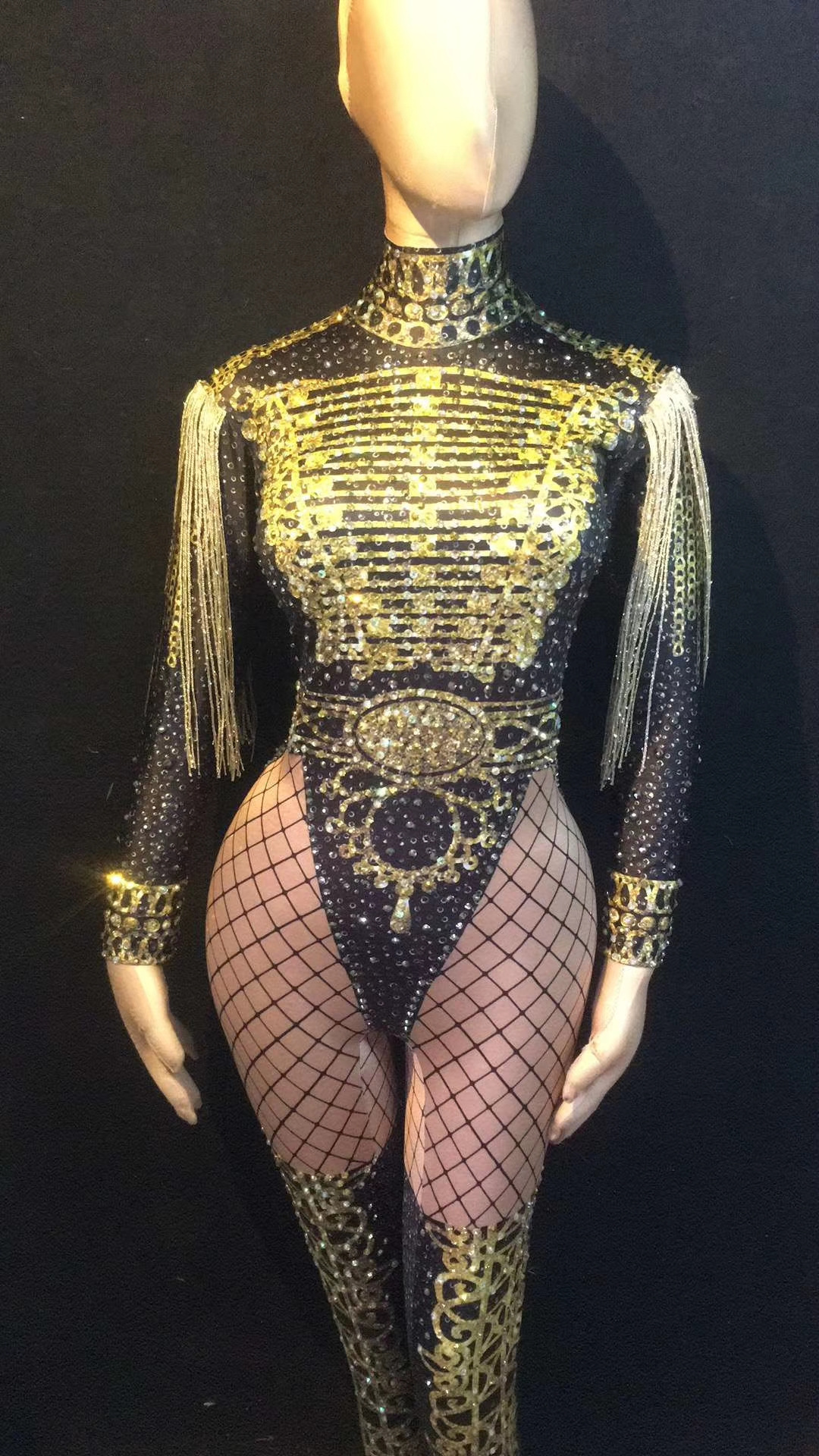 Luxury Military Cosplay Costume Gold Rhinestones Tassel One Piece Bodysuit Women Stage Wear Sexy Bodycon Club Jumpsuit Playsuit