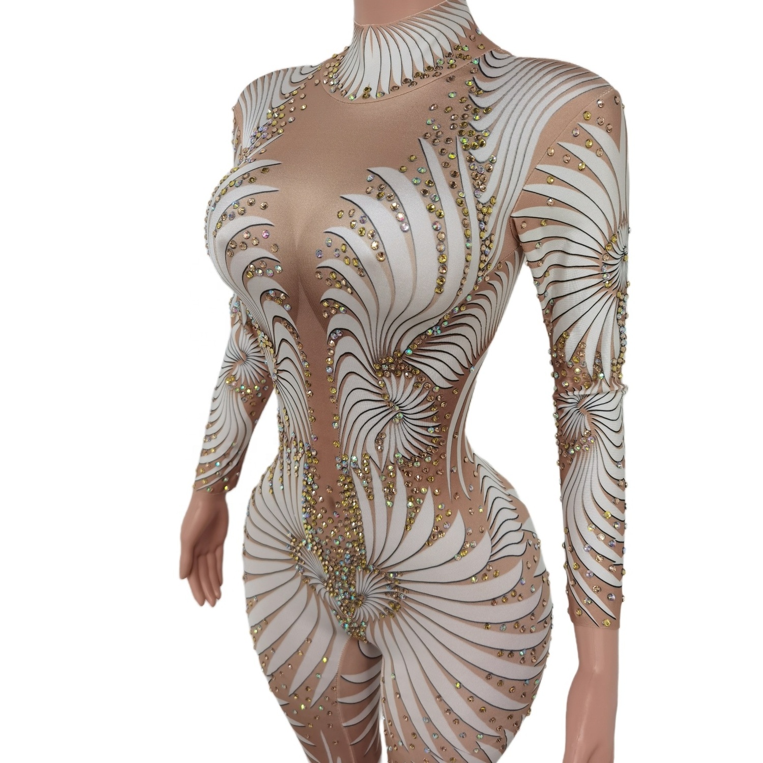 Monos Sexy Long Sleeve Pattern Rhinestone Party Club Bodysuit Stripper Outfits Dance Leotard Women Stage Performance Jumpsuit