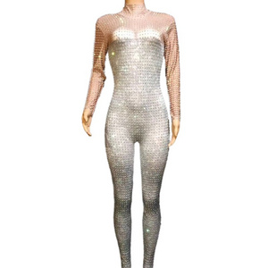 Sparkly Silver Crystal Rhinestones Rompers Lady Dance Leotard Women Stage Costume Sexy Club Party One Piece Jumpsuits Playsuits