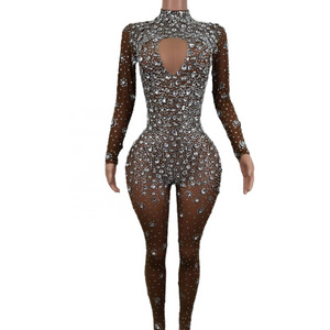 Mono Mujer Fashion Stretch See Through Mesh Bodysuits Stripper Dancer Leotard One Piece Rompers Women Sexy Rhinestone Jumpsuit