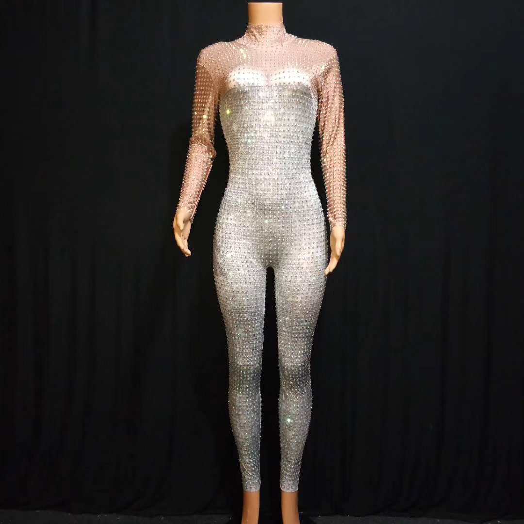 Sparkly Silver Crystal Rhinestones Rompers Lady Dance Leotard Women Stage Costume Sexy Club Party One Piece Jumpsuits Playsuits