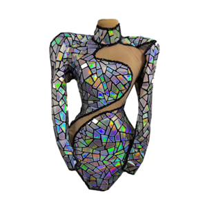 Fashion Women Costumes See Through Hollow Out Patchwork Mesh Mirror Sequin Nightclub Party Dress Dance Stage Wear Prom Dresses