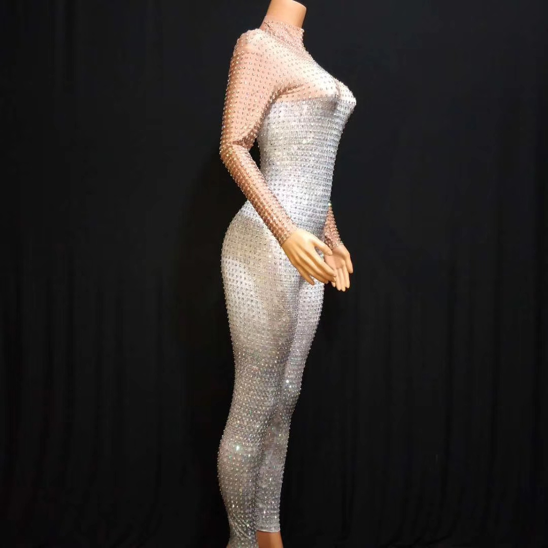 Sparkly Silver Crystal Rhinestones Rompers Lady Dance Leotard Women Stage Costume Sexy Club Party One Piece Jumpsuits Playsuits