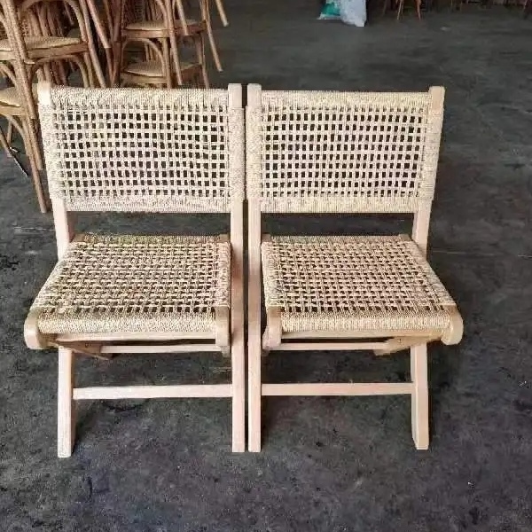 factory wedding solid wood foldable rope woven seat back cane rattan folding dining chair