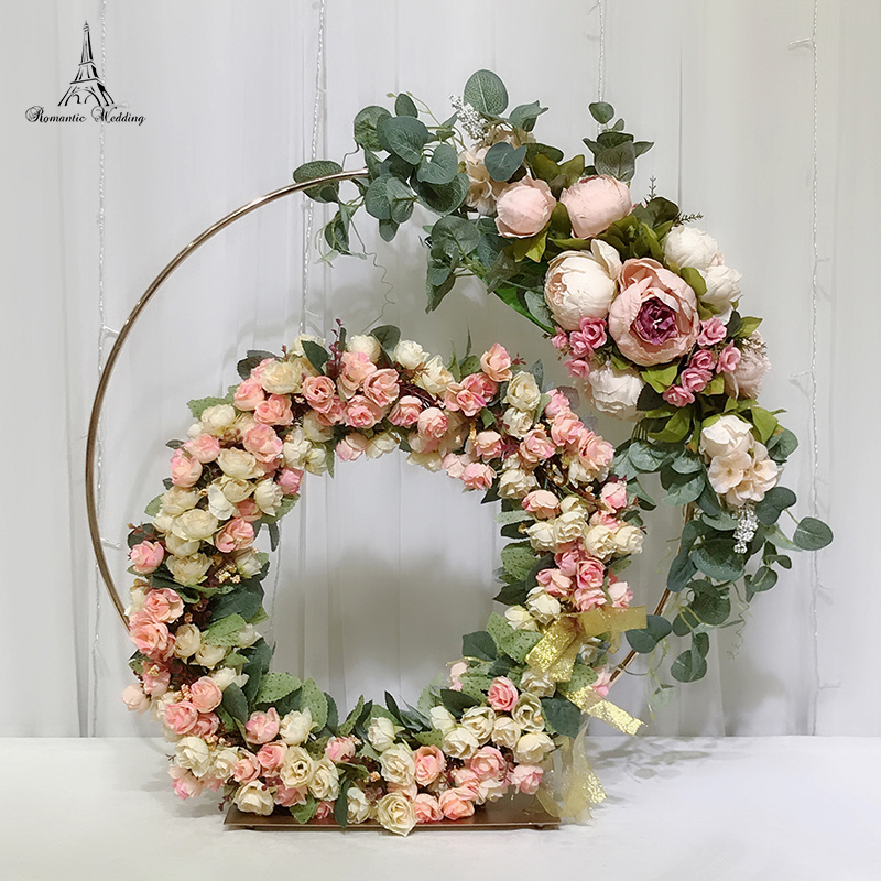 Simple Golden Electroplated Wedding Centerpiece metal wedding flower arch 2 circle flower stand for decoration