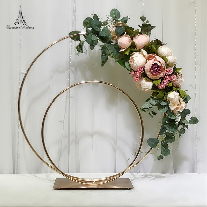 Simple Golden Electroplated Wedding Centerpiece metal wedding flower arch 2 circle flower stand for decoration