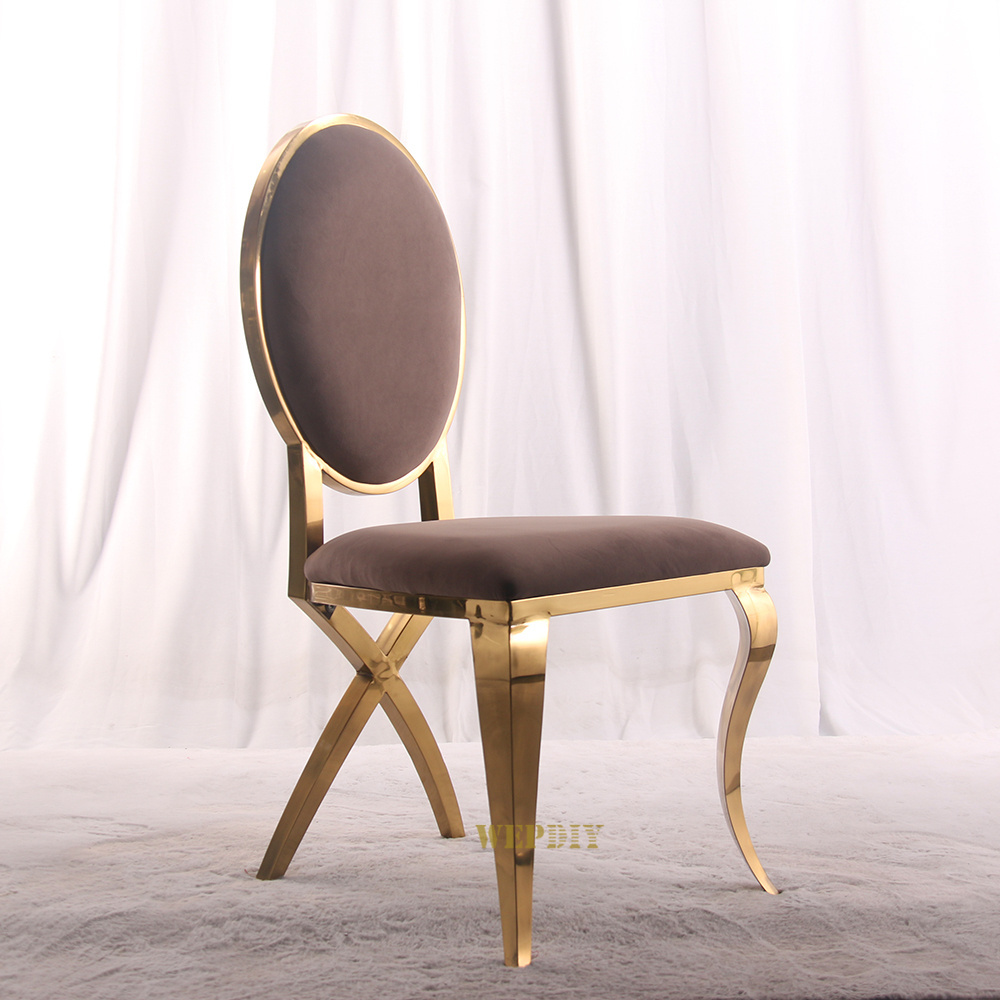 Gold stainless steel white PU leather oval back stacked wedding hotel dining chair