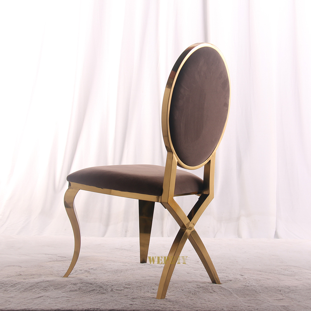 Gold stainless steel white PU leather oval back stacked wedding hotel dining chair