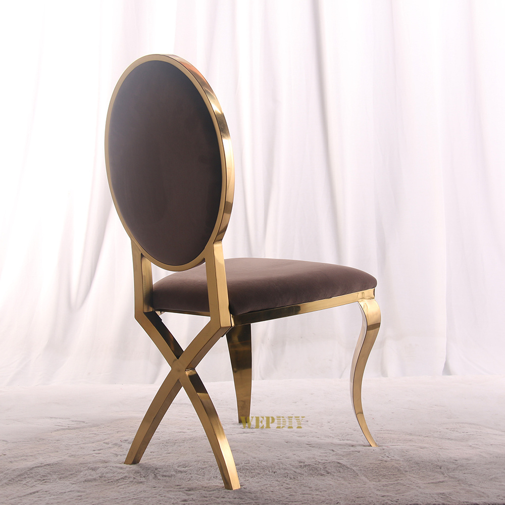 Gold stainless steel white PU leather oval back stacked wedding hotel dining chair