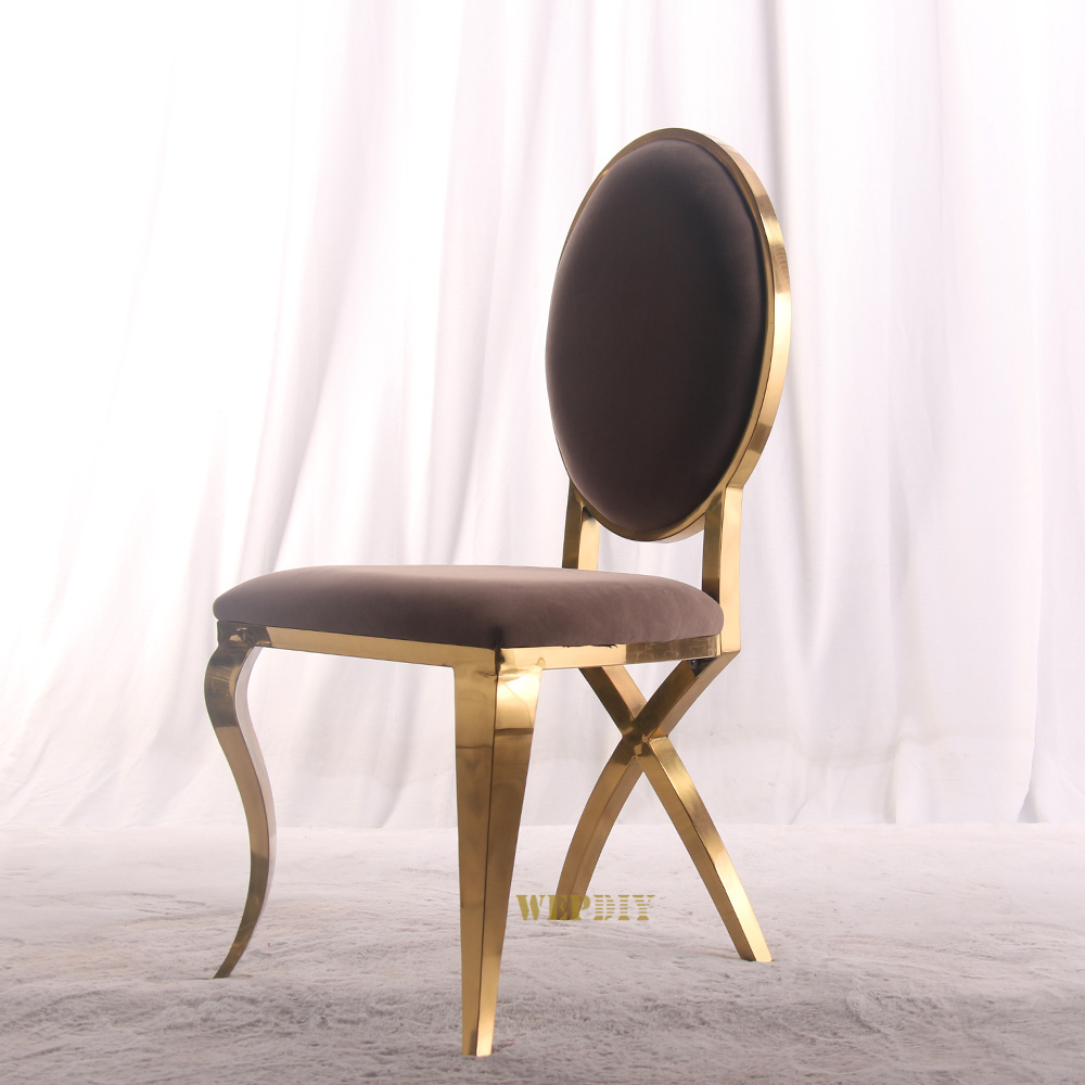 Gold stainless steel white PU leather oval back stacked wedding hotel dining chair