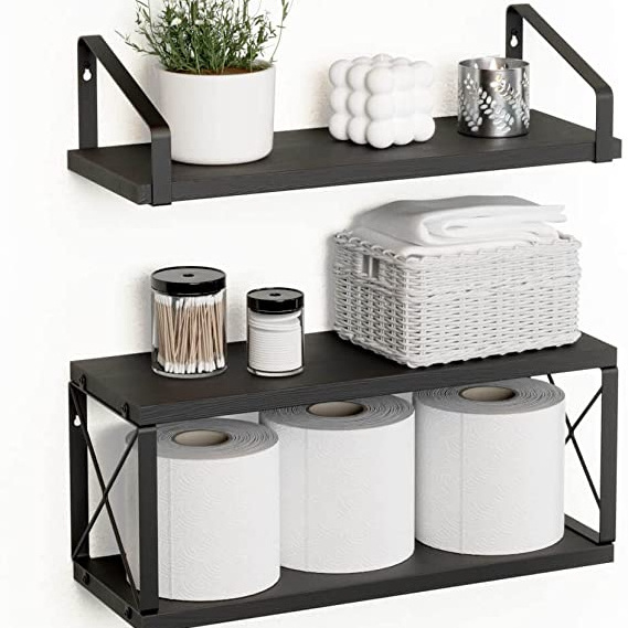 Floating Shelves Wall Mounted Set of 3, Rustic Wood Bathroom Shelves Over Toilet Black Shelves for Wall Decor with Paper Storage