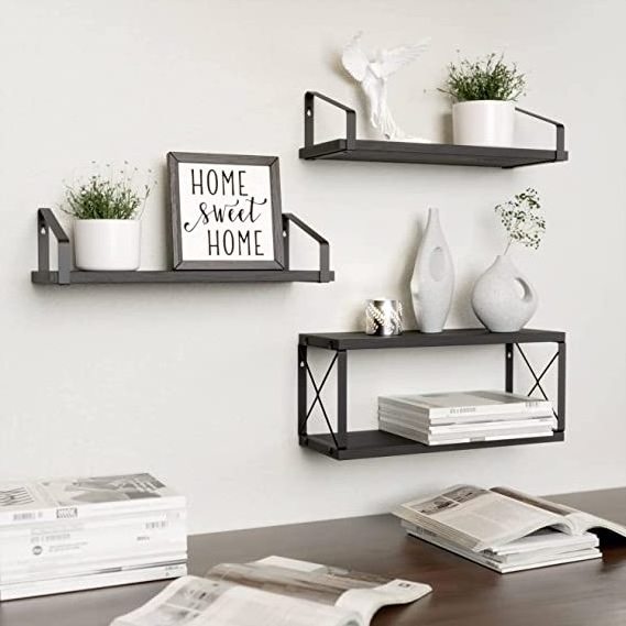 Floating Shelves Wall Mounted Set of 3, Rustic Wood Bathroom Shelves Over Toilet Black Shelves for Wall Decor with Paper Storage