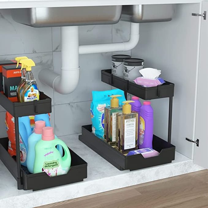 Under Sink Organizer Storage Pull Out Cabinet Organizer 2Tier Slide Out Sliding Shelf Multi-Use Narrow Space Under Sink Storage