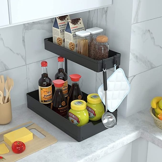 Under Sink Organizer Storage Pull Out Cabinet Organizer 2Tier Slide Out Sliding Shelf Multi-Use Narrow Space Under Sink Storage