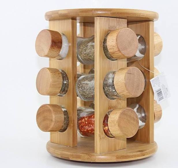 Spice Jars with Bamboo Lids Seasoning Jars for Spices Revolving Countertop Carousel Herb Wooden Spice Rack